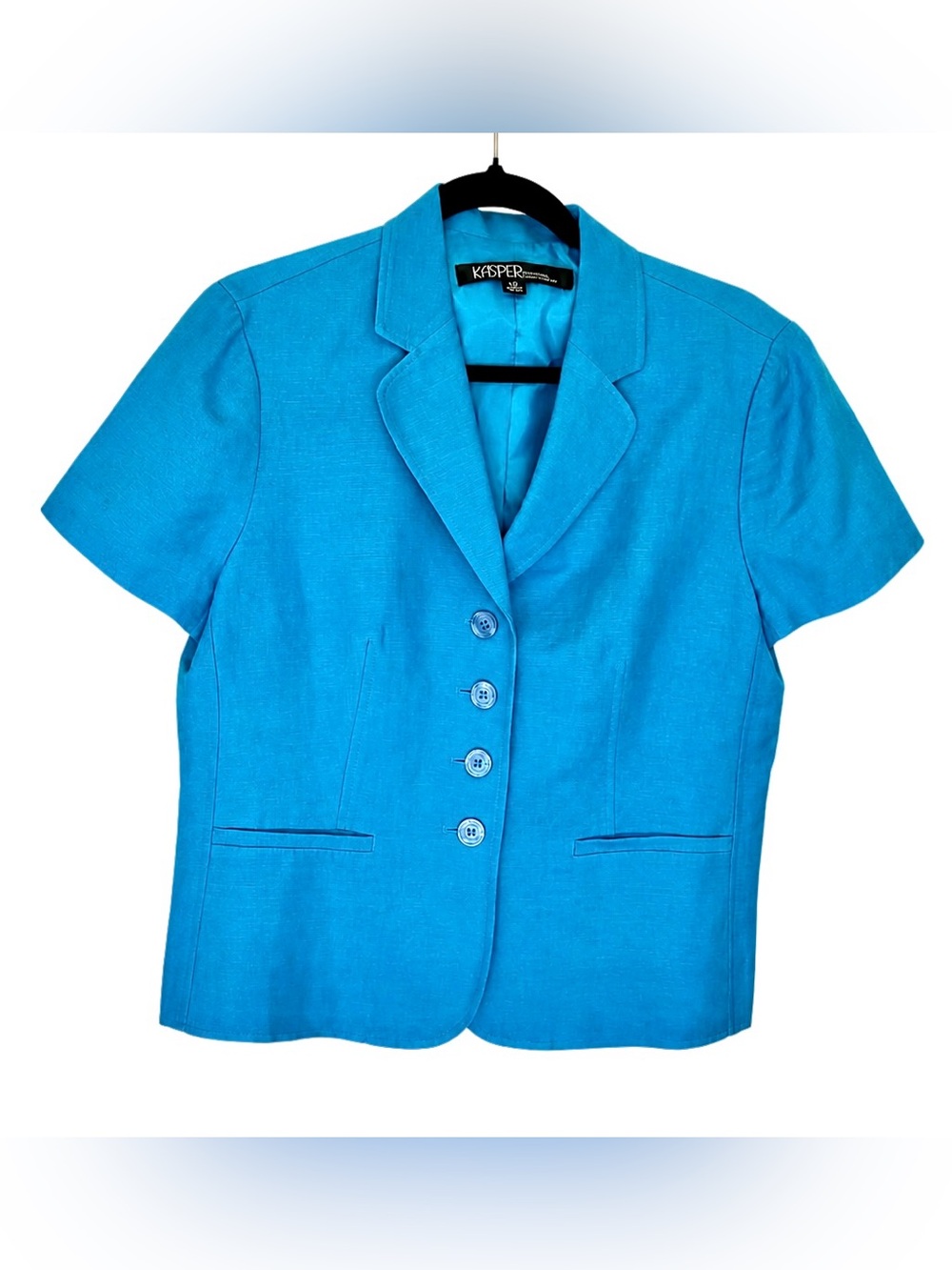 Kasper Turquoise Short Sleeve Linen Blazer Size 12 Structured Career